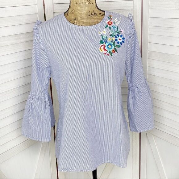 Passport Striped Embroidered Bell Sleeve Popover Shirt Medium - Picture 1 of 10